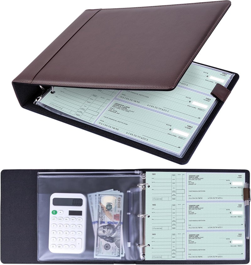 Antner 3 Ring Personal Check Binder for 3-on-a-Page End-Stub Deskbook & Personal 3 Holes or 9 Holes Small Size Checks, PU Leather Check Holder Checkbook Binder Cover with Zipper Pouch, Coffee - Image 1